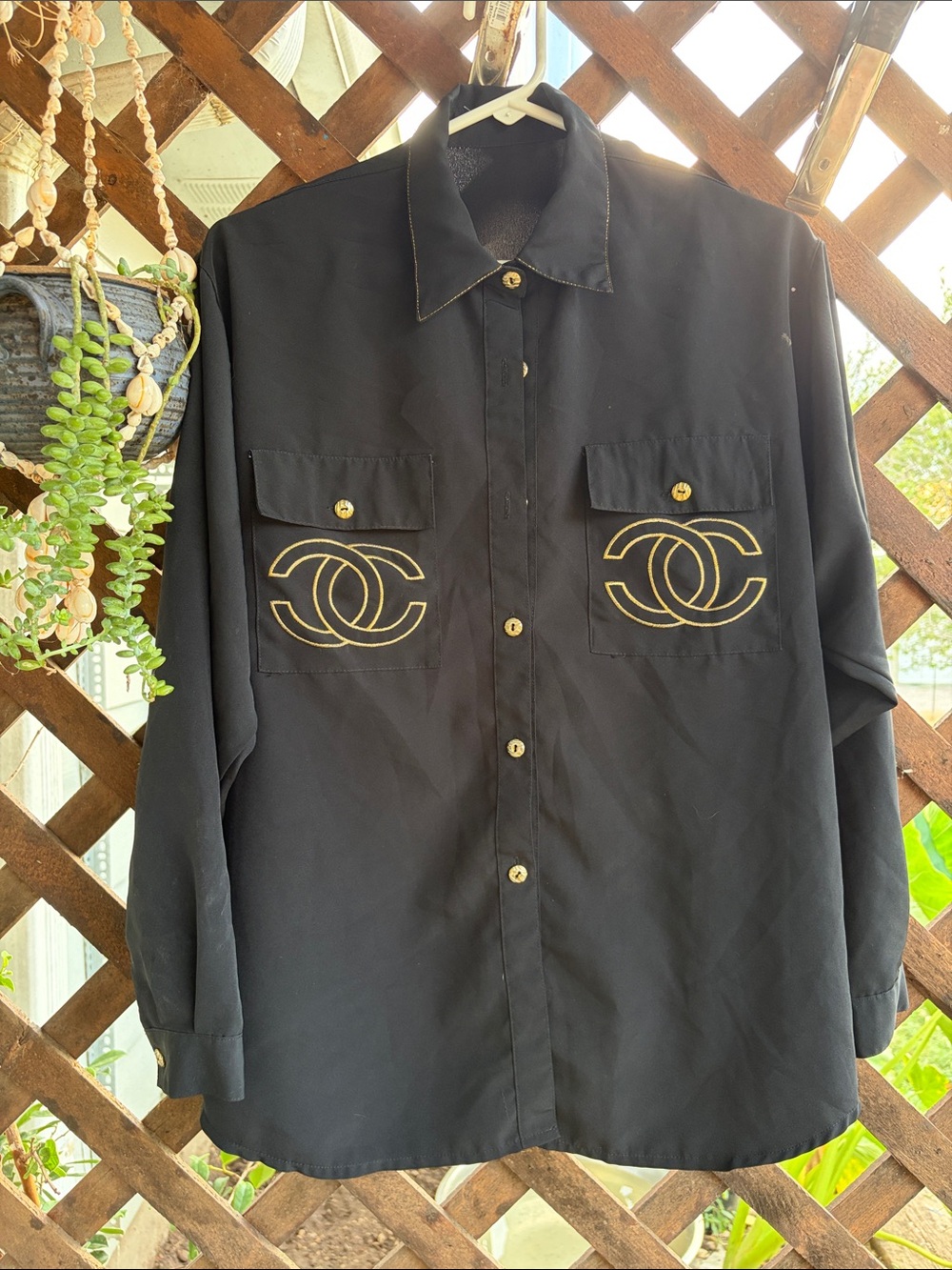 Womens Black Embroidered Logo Pocket button up Shirt VINTAGE
